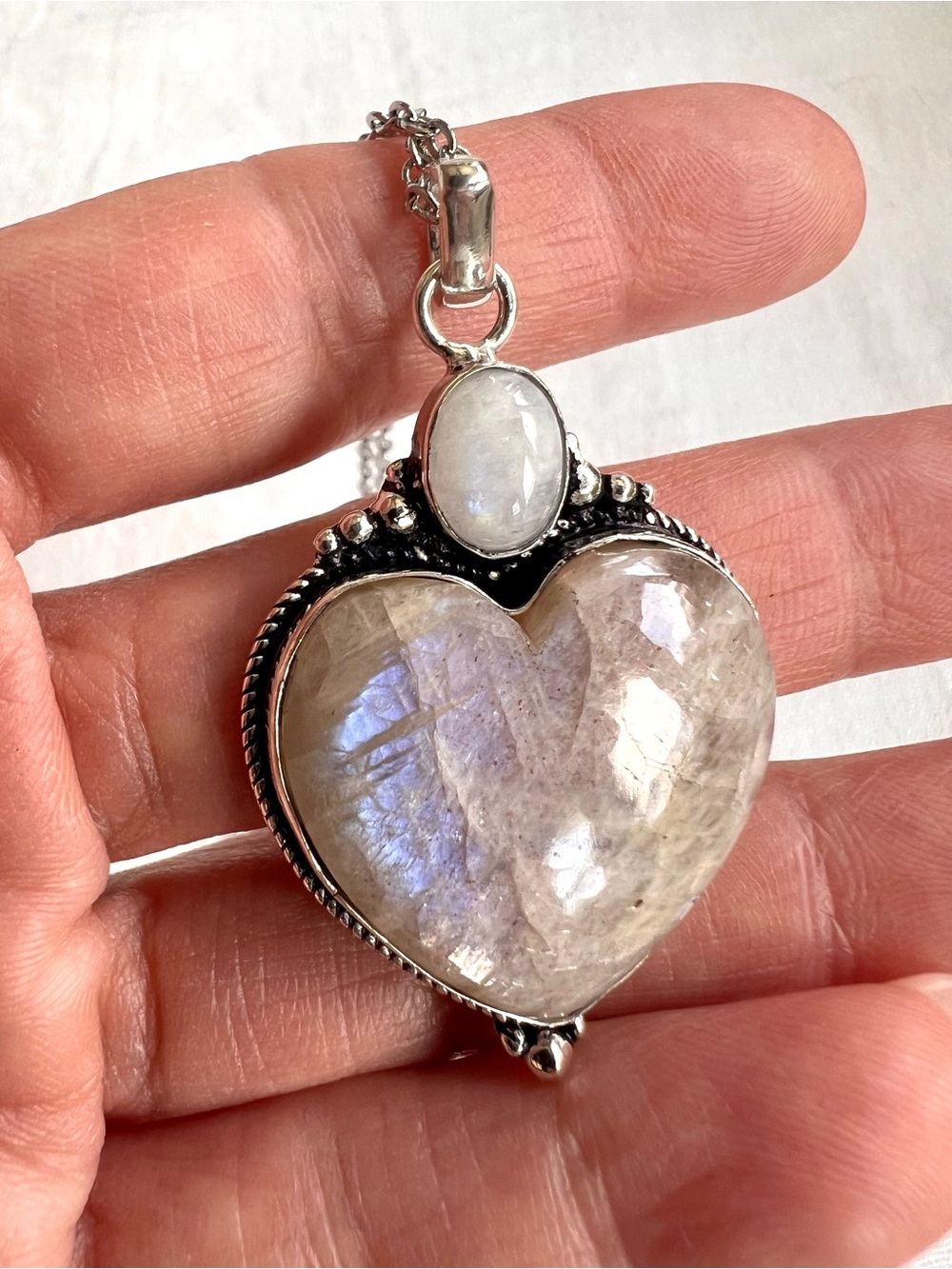 925 OMG OMG Blue Flash Peach Moonstone ❤️ Heart Pendant Necklace